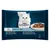 Purina Gourmet Perle Duetto Duo, 4x85g, variétés : saumon et colin, sardine et thon, saumon et poisson blanc, poisson de l’océan et thon. Image d’un chat blanc et d’une assiette.