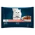 Pachet Purina Gourmet Perle, 4 x 85 g. Text vizibil: Erlesene Streifen in Sauce, mit Rind, mit Huhn, mit Kaninchen, mit Lachs. Imagine cu pisică albă și farfurie cu bucăți în sos.