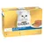 Purina Gourmet Gold Les Mousselines Mousse, 12x85g. Sorten: Huhn, Kaninchen, Lachs, Nieren. Verpackung mit weisser Katze und Abbildung von Mousse auf Teller.