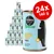 Cosma Pure Love Nature Chicken Fillet in Broth, 24x140 g blikken. Tekst: 100% natural ingredients. Afbeelding van zwarte kat en kip icoon op lichtblauwe verpakking.