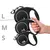 Flexi Hundeleinen in Grössen L, M und S. Schwarze Leinen mit ergonomischem Griff und silbernem Logo. Hand hält eine der Leinen.