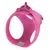 Pink dog harness with sturdy buckle, padded material and reflective details. Label with manufacturer information visible.