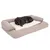 Chien allongé sur un grand coussin rectangulaire beige avec rebords et matelas central blanc, tissu aspect doux. Aucun texte ou marque visible.