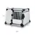 Transport crate with dimensions: 93 cm wide, 65 cm high, 81 cm deep at base and 50 cm deep at top. Metal bars on front door. Suitable for vehicle use.