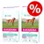 Zwei Säcke Eukanuba Daily Care Sensitive Digestion Puppy Trockenfutter, 12 kg, mit Hundebild und großem Prozentzeichen für Rabattaktion.