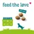 Drei Futterstücke mit Schild '100% løve'. Text: feed the løve. Größentabelle in mm: Durchmesser 13, Höhe 5.