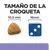 Tamaño de la croqueta: 10,5 mm comparado con un dado azul de 16 mm. Texto visible: 'Tamaño de la croqueta', '10,5 mm', '16 mm'.