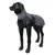 Cappotto nero per cani con tessuto riflettente e copertura per il collo, presentato su una statua di cane nera.