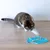 Katze benutzt eine blaue Fisch-förmige Schleckmatte mit Leckerli darauf auf einem Holzboden.