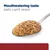 Spoonful of pet food with the text 'Mouthwatering taste pets can't resist' shown above.