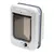Chatière blanche Closer Pets avec porte transparente, cadran de réglage à 4 positions et symboles de verrouillage visibles sur la partie inférieure.