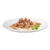 Shredded wet pet food in gravy served on a white plate with a small green herb garnish, shown without packaging or branding.