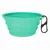 Foldable green silicone bowl with black carabiner, ideal for travel.