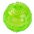 Balle pour animal en plastique vert translucide, surface avec picots et reliefs visibles sur toute la balle.