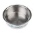 Stainless steel bowl with 'In the mood for food' lettering in blue on the outside.