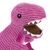 Lyserødt dinosaurusbamselegetøj med stribet tekstur, hvide tænder og brun inderside af munden.