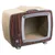 Katzenhaus aus Pappe in Form eines Retro-Fernsehers mit Holzoptik und Kratzfläche innen.