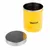 Yellow metal snack tin with removable silver-coloured lid, suitable for storing snacks. 'SNACKS' inscription visible.