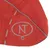 Detail van rood textiel met reflecterende biezen en het opschrift 'NT' in een ovaal, zichtbaar stiksel. Materiaal: stof.