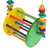Colourful wooden toy with two round discs, connected by coloured rods and hanging elements. Visible chain for attachment.