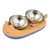 Double bowl with orange cat motif, two removable stainless steel bowls and blue base.