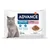 Advance Sterilized Adult 1–10 years with Turkey, 4 x 85 g. Prikaz mačke, hrane na tanjuru i piktograma za kontrolu težine i održavanje mišićne mase. Tekst na engleskom i španjolskom.