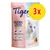 Tigerino Silicate Litter, 3x5 l, valkoinen kissa pakkauksessa, englanninkieliset ominaisuudet: light & economical, stops odours, inhibits bacterial growth, dust-free, with flower scent