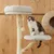 Kratzbaum aus Holz mit Sisal umwickelt, zwei gepolsterte Liegeflächen und Spielball. Katze sitzt auf unterer Plattform.