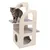 Wooden cat furniture with three levels, grey padded surfaces and integrated scratching toy. Cat is standing on the top level.