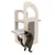 Cat furniture made of wood with two padded resting areas, scratching surface and toy. Cat uses the scratching surface.
