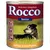 Boîte de nourriture pour chien Rocco Senior, texte visible : Moderater Fettgehalt, Geflügel & Haferflocken, 800 g. Pictogrammes avec Ca/P, leicht verdaulich, Kraft & Energie. Texte en allemand.