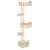 Cat tree made of light wood with four levels, sisal post and padded resting areas.