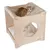 Holz-Katzenmöbel mit zwei Ebenen, weichen Kissen und rundem Eingang. Katze liegt auf der oberen Ebene. Marke: Natural Paradise.