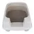 Caja de arena blanca para gatos con arena gris y superficie de rejilla integrada para limpiar las patas.