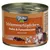 grau Schlemmertöpfchen kip & kalkoenharten, Basic Cat Care, graanvrij, zonder sojaproteïnen. Blik met kattenmotief en ingrediëntenvermelding.