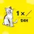 Feeding guide showing one stick per 24 hours, with an illustration of a cat and a treat stick on a yellow background.