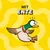 Mit Ente. Illustration einer fliegenden Ente vor gelbem Hintergrund mit geschwungenen Mustern.