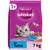 Bag showing Whiskas 1+ with tuna, 7 kg. Image includes food pieces, a blue bowl of dry food, peas, carrot and a grey tabby cat.