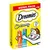 Dreamies Creamy Mega Pack x12, sin azúcares añadidos, sin aromas artificiales. Contiene 6x pollo y 6x salmón. Envase con gato y símbolo de reciclaje.