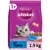 Whiskas 1+ with tuna, 1.9 kg pack, showing food pieces in a bowl and key ingredients including carrot and peas.