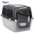 Plastic and metal pet carrier, size 5, with front wire door and side ventilation panels. White water bowl attached inside. Text: Size 5 top left.