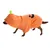 Hundekostume i orange med græskar-motiv og grønt blad på hætten.