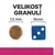 Velikost granulí: granule 7,5 mm vedle modré kostky 16 mm pro porovnání velikosti.