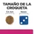 Dimensiunea crochetei: 7,5 mm comparată cu un zar de 16 mm. Text în spaniolă: 'Tamaño de la croqueta'.