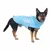 Chien portant un manteau bleu avec bandes réfléchissantes visibles sur le côté, fermeture à scratch et col montant.