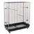 Large metal birdcage with mesh walls, black plastic base, pull-out trays and wheels for easy movement. Several perches inside.