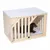 Holz-Hundebox mit weisser Oberfläche, Gitterdesign und einem liegenden Hund auf einer gepolsterten Matte. Sichtbares Logo: Hoosenwood.