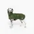 Chien dalmatien portant un manteau vert couvrant le dos, le cou et le poitrail, fermeture à scratch visible sur le dessus, matière synthétique avec écusson rond sur le côté.