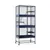 Grande cage à rongeurs en métal bleu avec plusieurs étages, rampes et portes, montée sur roulettes. Trois niveaux visibles avec plateformes noires et espace de rangement en bas.