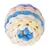 Pelota de tela con diseño trenzado en azul, rosa y beige.